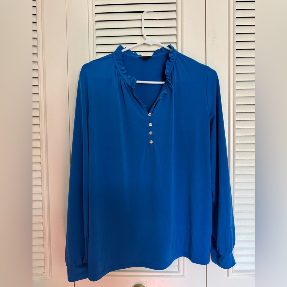 Ann Taylor Vibrant Blue Ruffle Neck Blouse